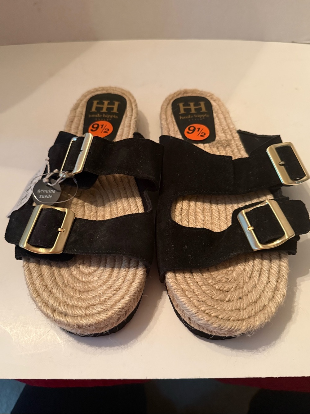 Haute Hippie Black Suede Double-Buckle Espadrille Slide Sandals Women’s 9.5 NEW